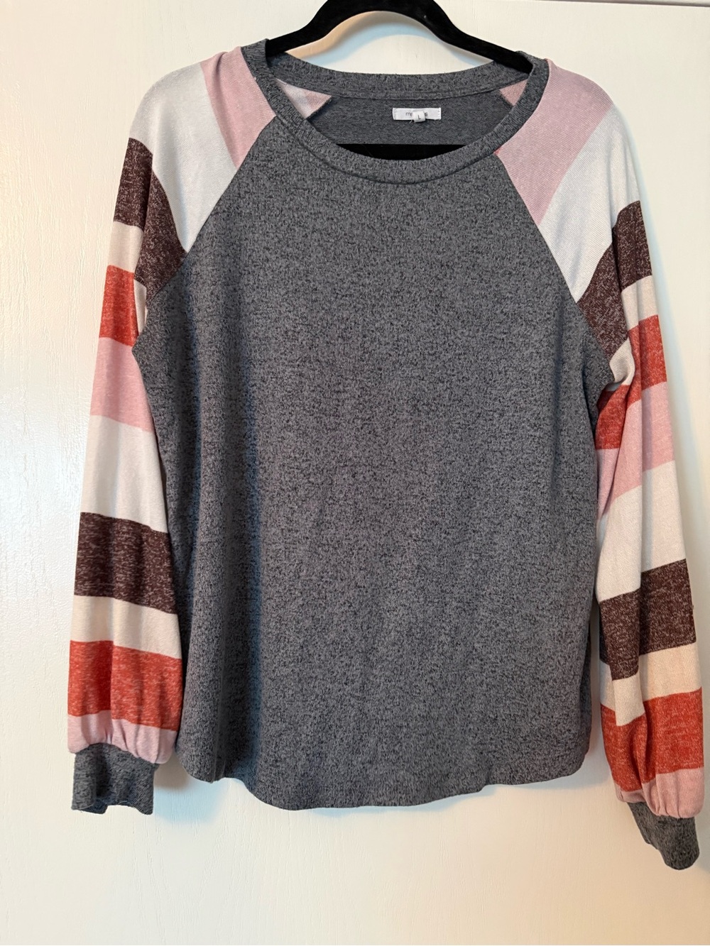 Maurices Gray Raglan Pullover with Pink, Rust & Brown Stripes